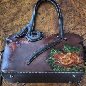 Artisan Leather Shoulder Bag with Floral Design